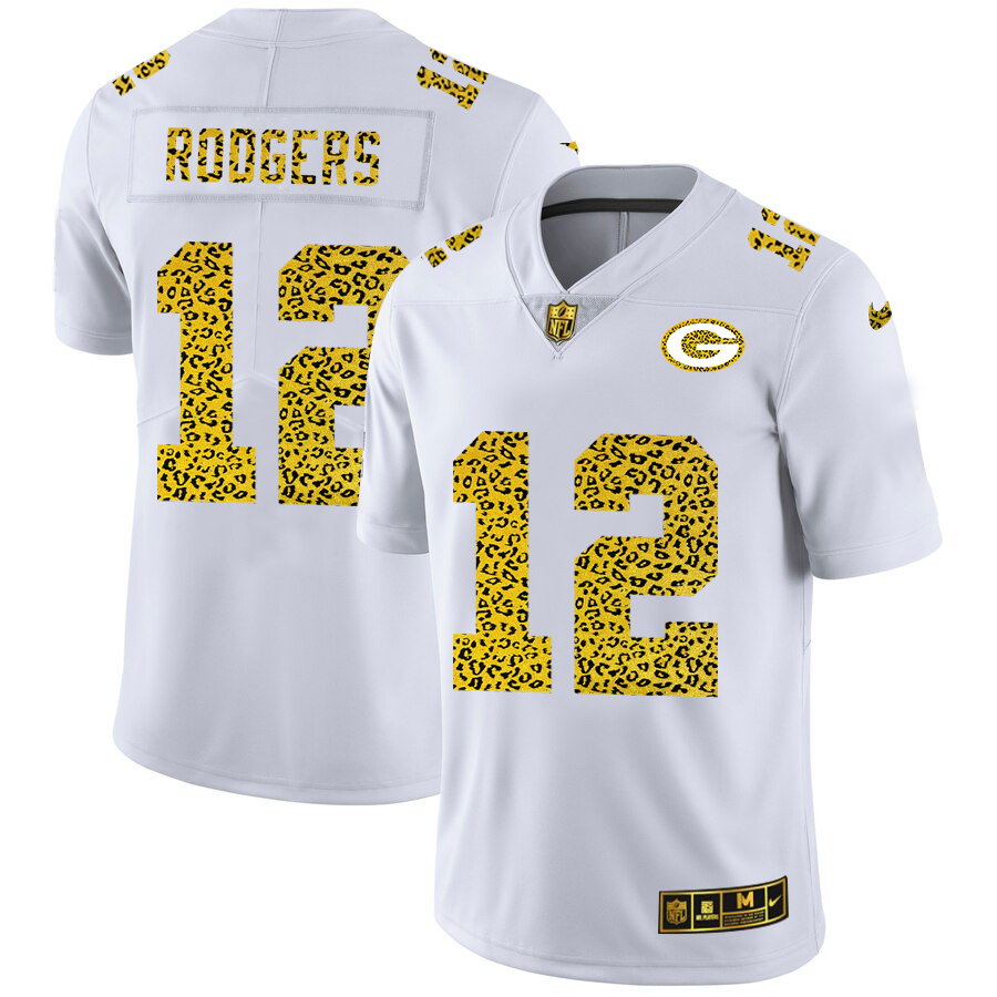 Custom Green Bay Packers 12 Aaron Rodgers Men Nike Flocked Leopard Print Vapor Limited NFL Jersey White